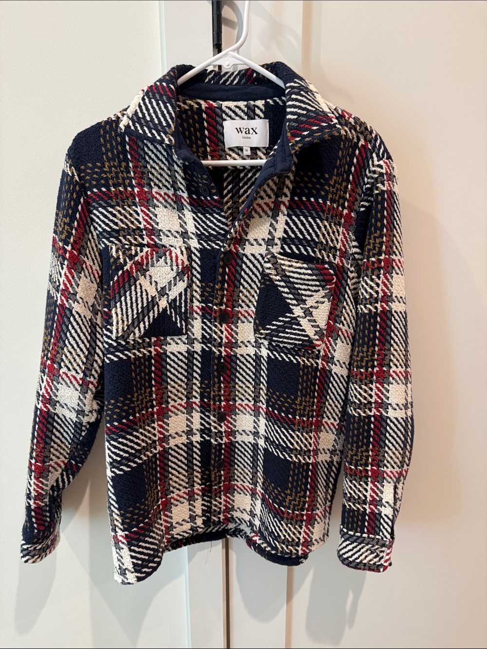 Wax London Navy Plaid Lightweight Shacket with Red Accents
